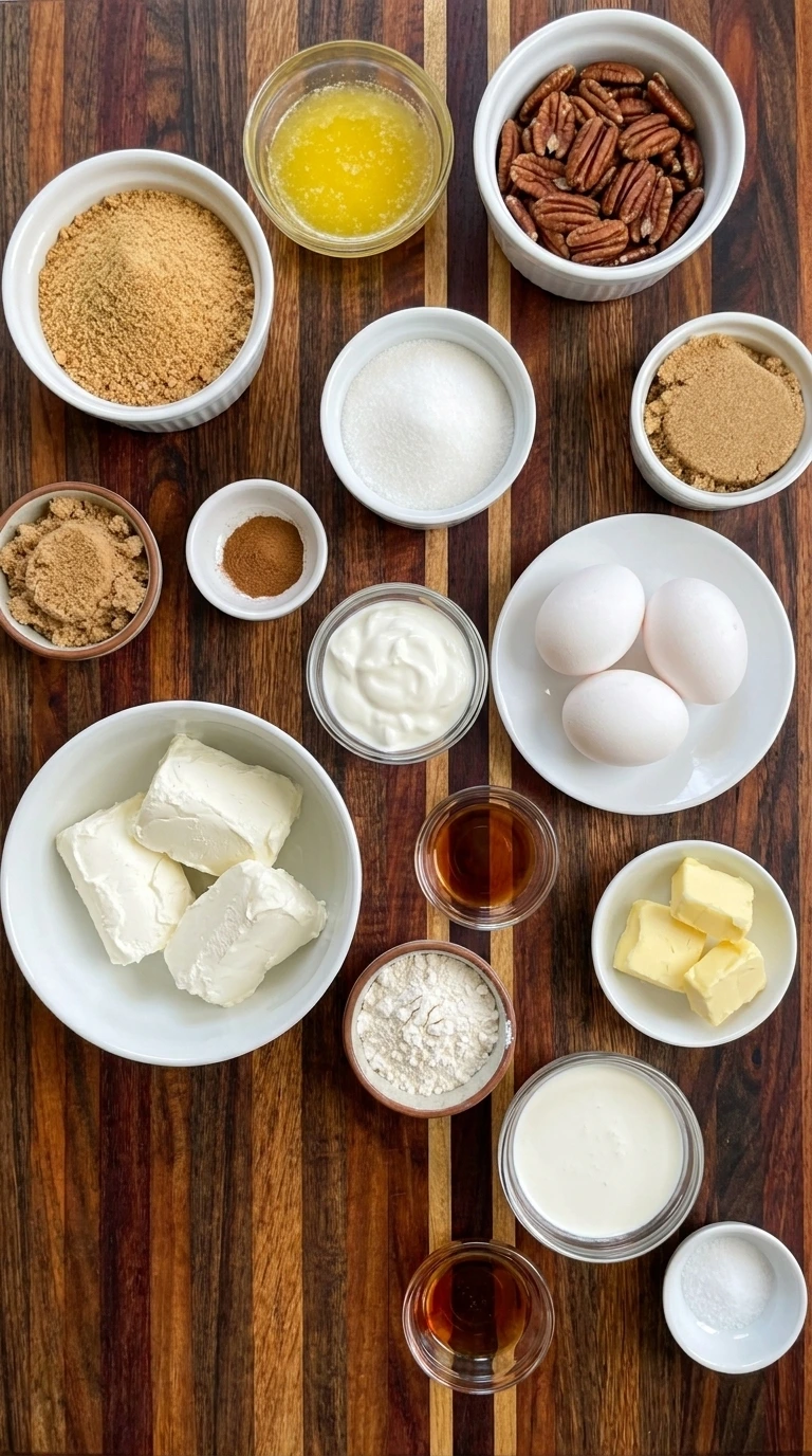 Ingredients for Pecan Pie Cheesecake including cream cheese and pecans and brown sugar and graham cracker crumbs