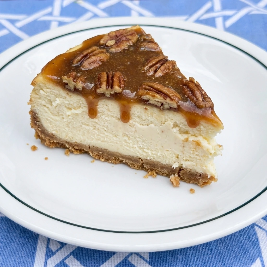 Single slice of pecan pie cheesecake showing creamy vanilla filling and caramel pecan topping on a white plate