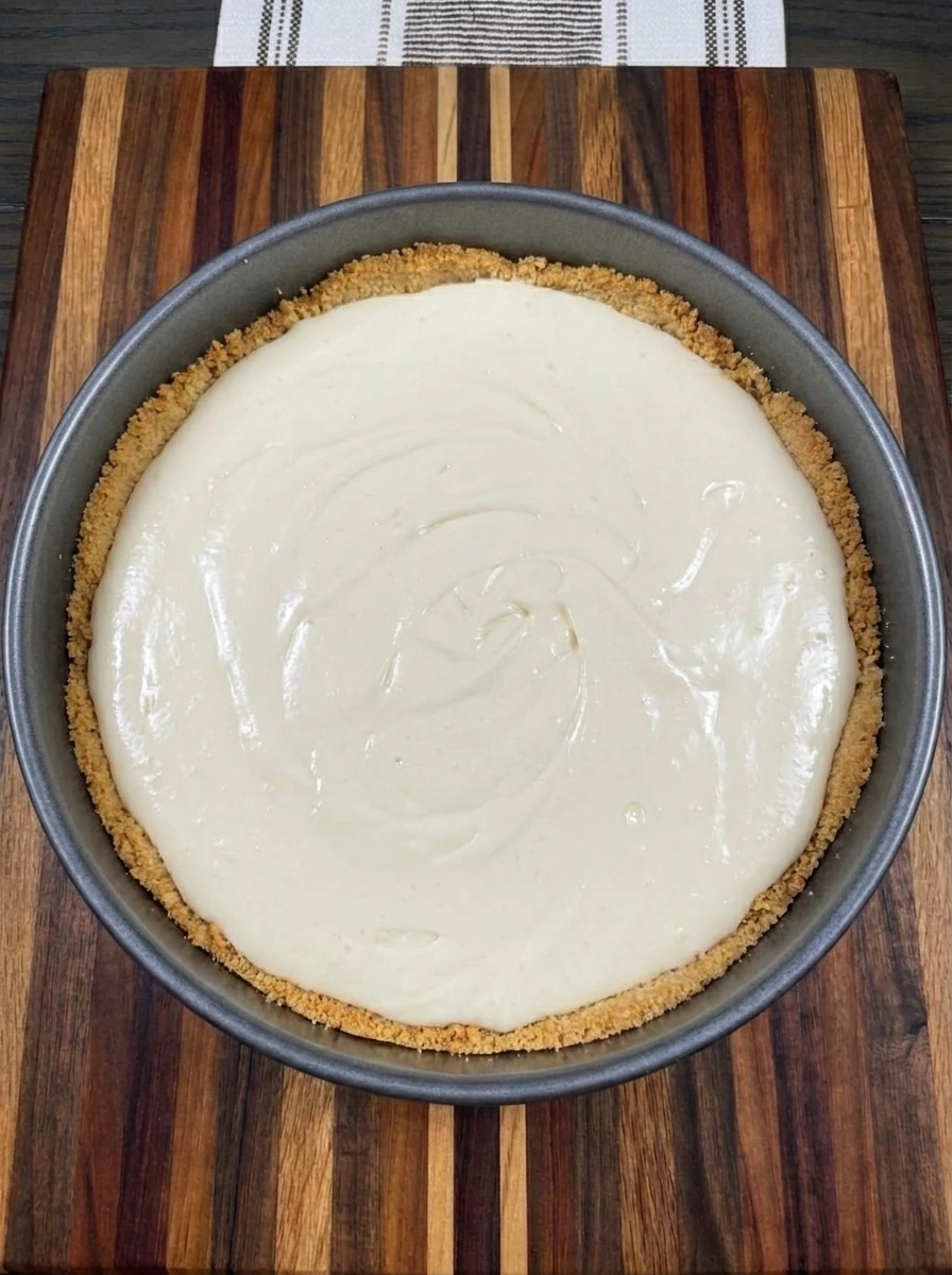 Unbaked vanilla cheesecake filling layered over golden graham cracker crust in a springform pan
