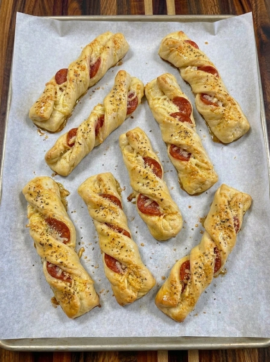 Eight freshly baked golden pepperoni pizza breadsticks with bubbly melted mozzarella on a baking tray
