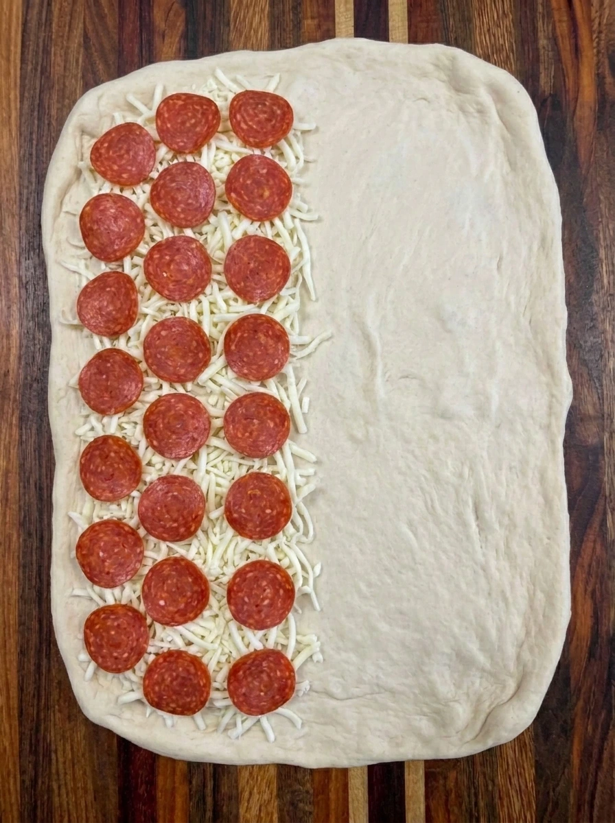 Mozzarella cheese and 24 pepperoni slices layered over one half of pizza dough