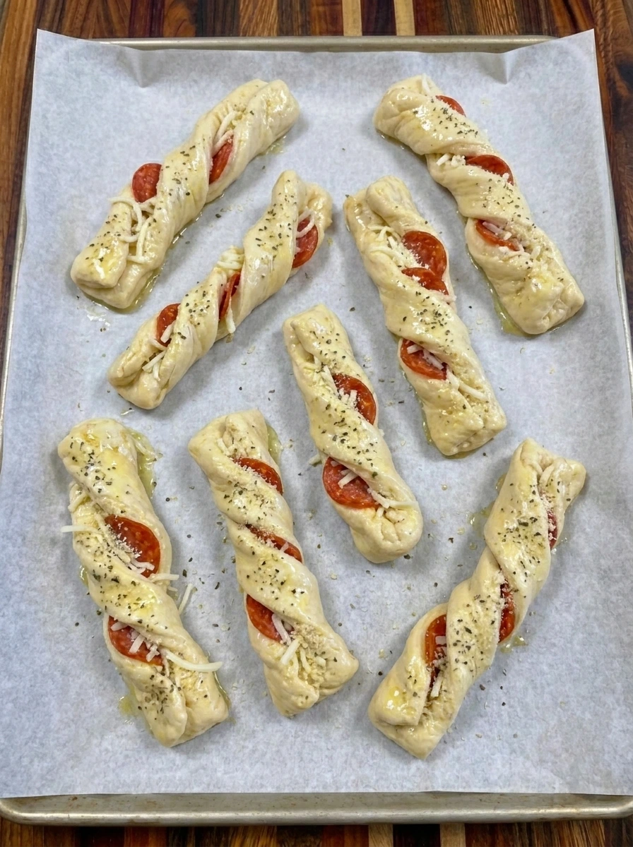 Eight raw pepperoni breadsticks coated with garlic herb butter and grated Parmesan