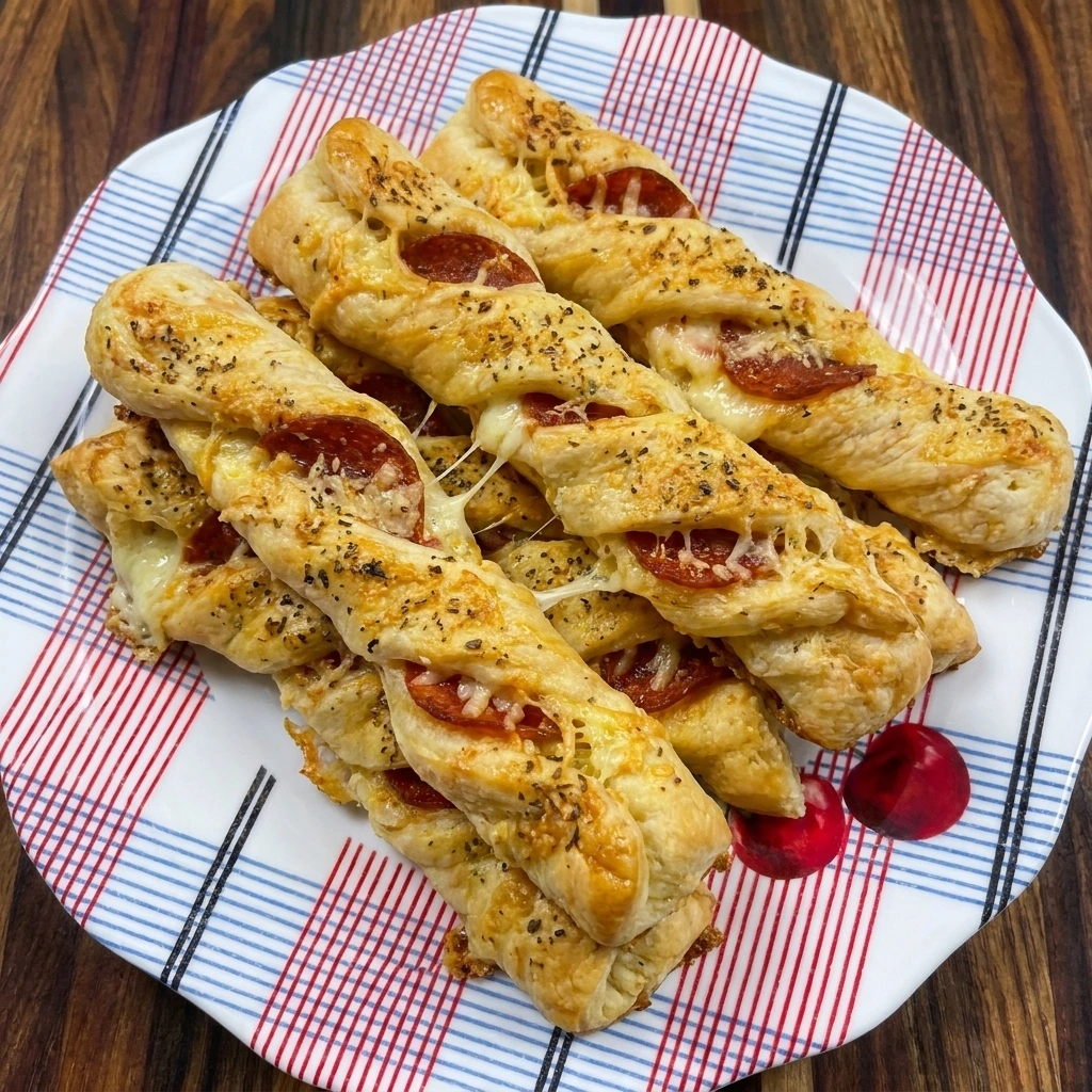 Golden homemade Pepperoni Pizza Breadsticks filled with melted mozzarella and pepperoni on a white plate