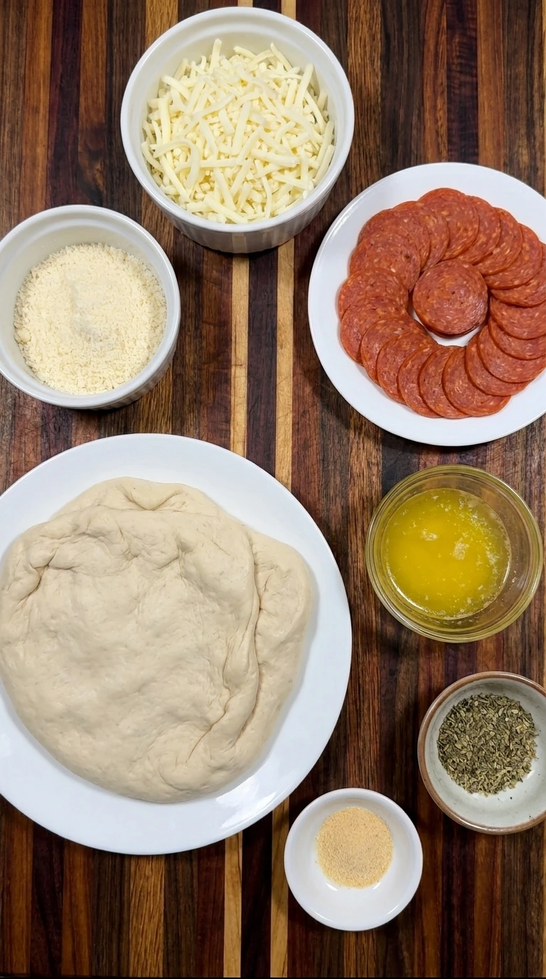 Pizza dough and mozzarella and pepperoni with butter and seasonings measured separately for Pepperoni Pizza Breadsticks