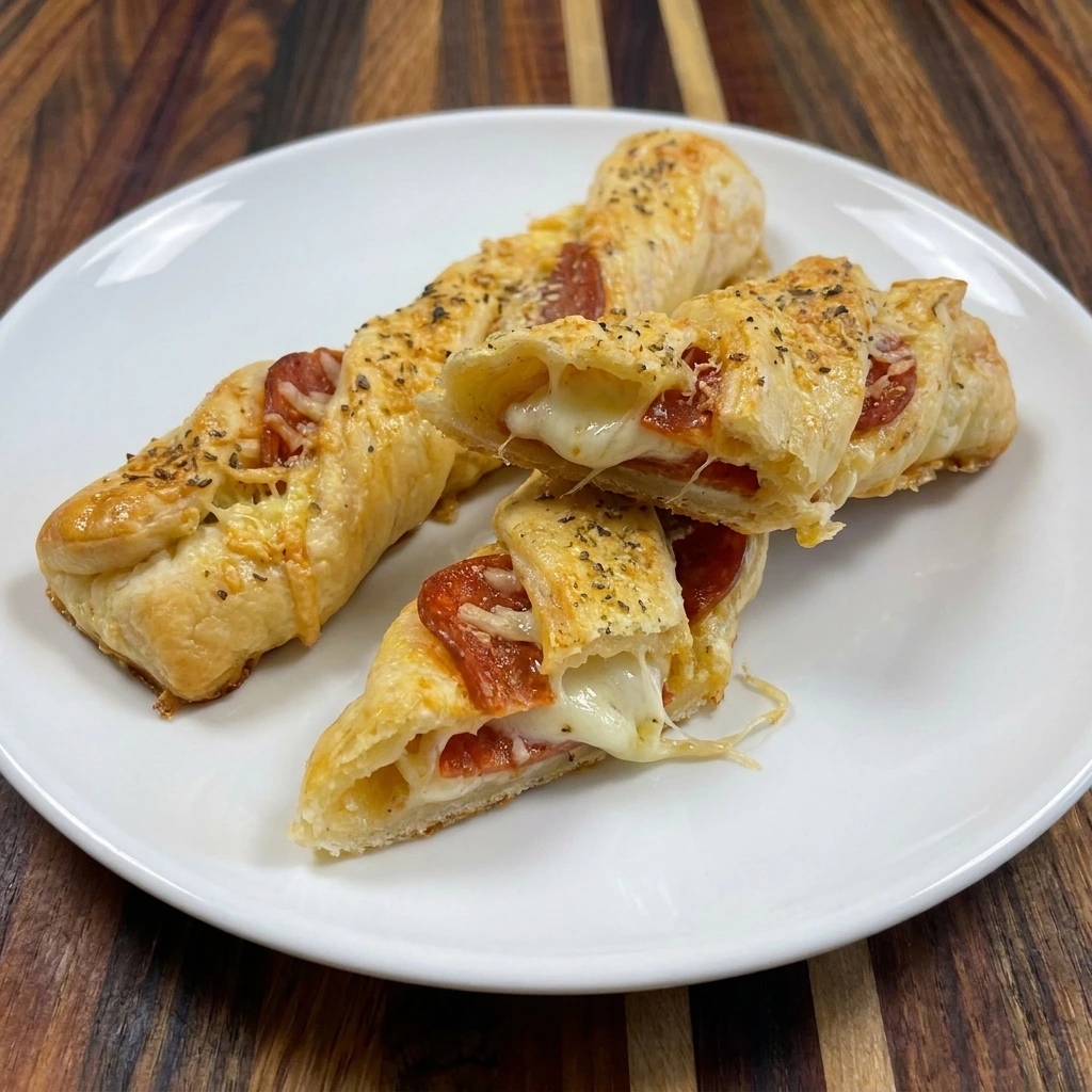 Two golden pepperoni pizza breadsticks served on a white plate with one cut open to show melted cheese