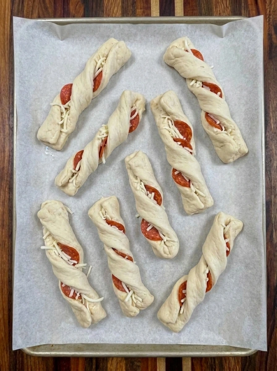 Eight raw pepperoni and mozzarella stuffed breadsticks twisted and arranged on a baking sheet