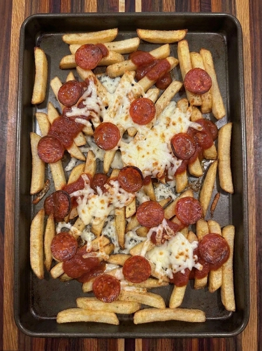 Pizza Fries with fully melted mozzarella and browned pepperoni