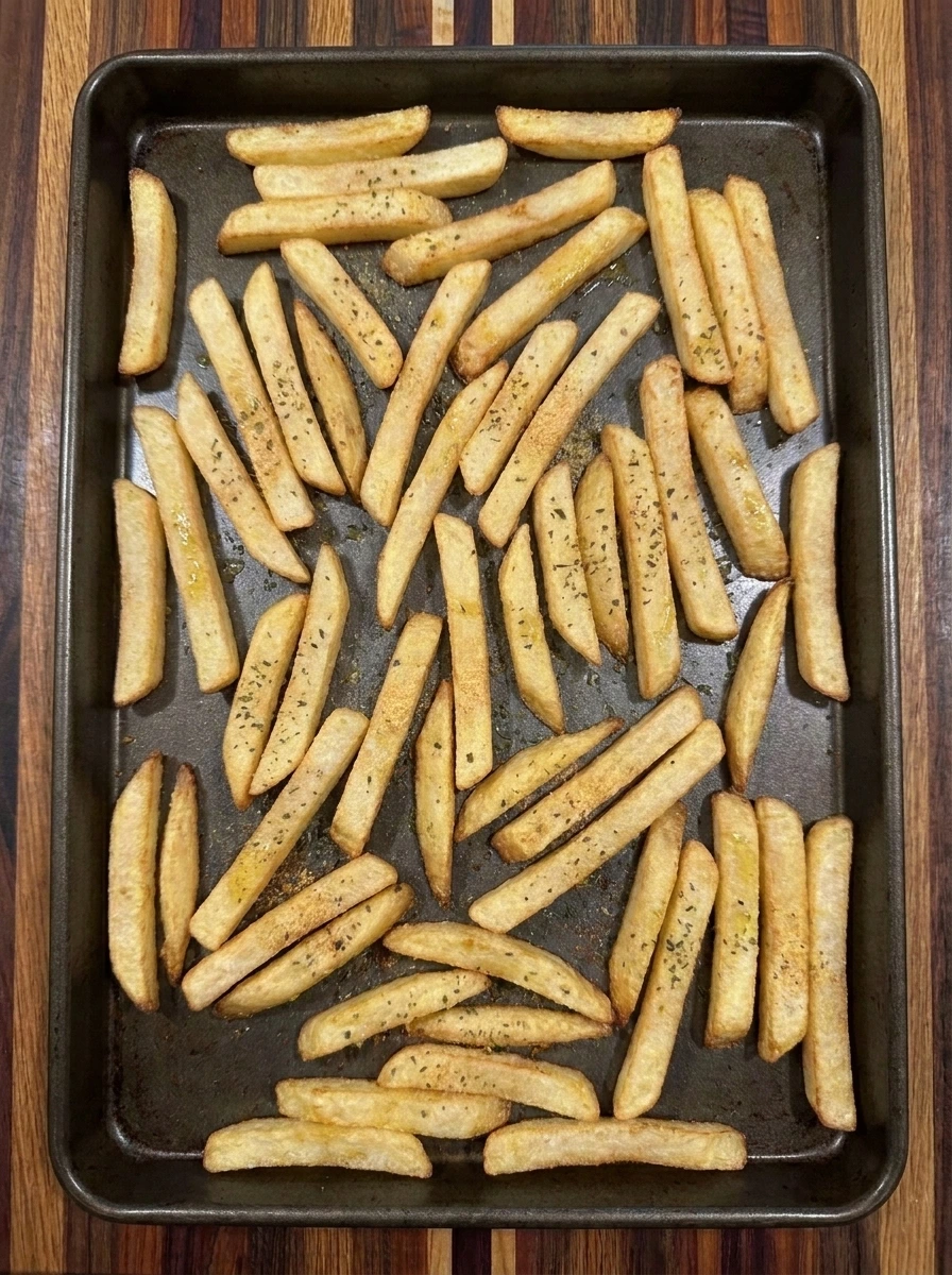 Golden crispy baked french fries ready for pizza toppings