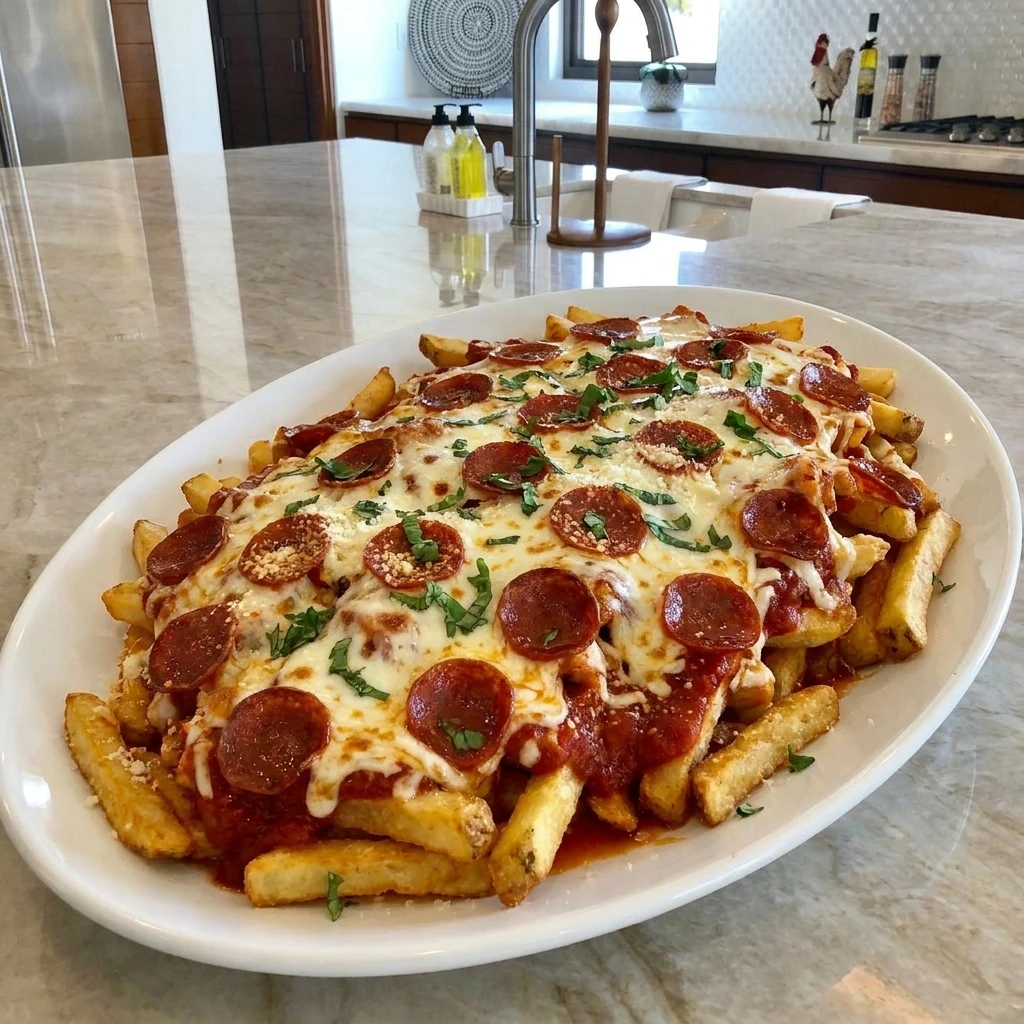 Homemade Pizza Fries with crispy golden potatoes and melted mozzarella plus pepperoni and pizza sauce
