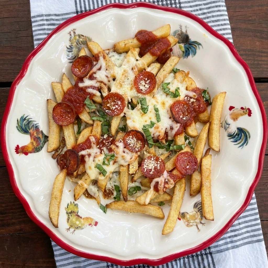 Single serving of homemade Pizza Fries with melted cheese and pepperoni plus fresh basil
