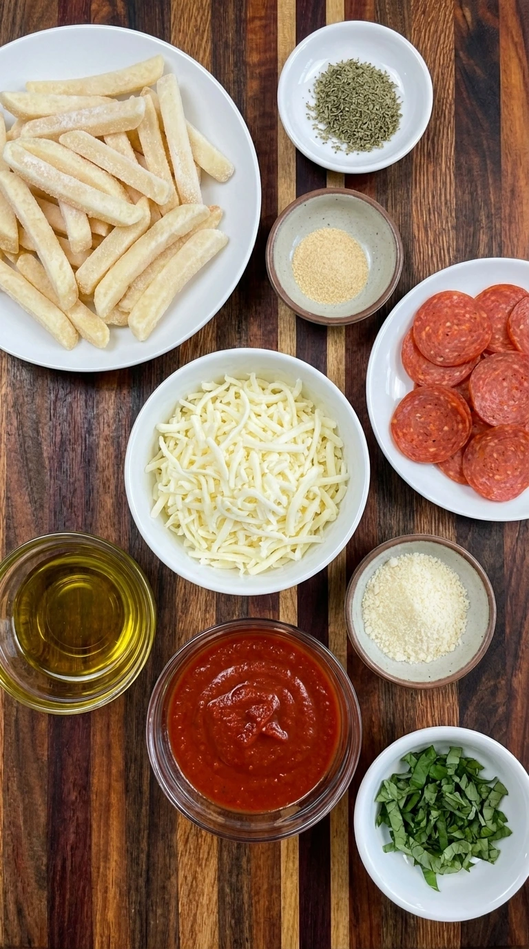 Ingredients for Pizza Fries including frozen fries and mozzarella plus pepperoni and pizza sauce