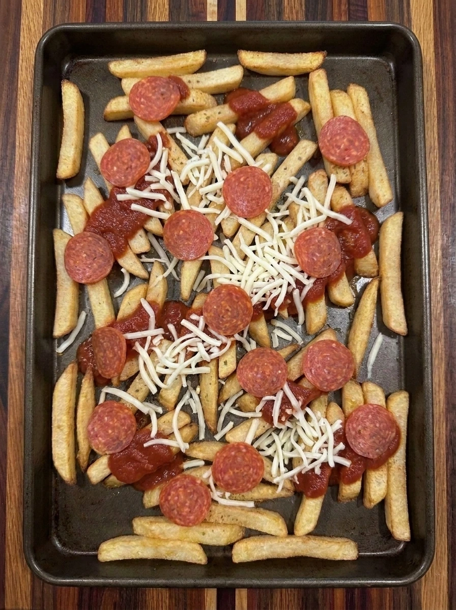 Golden fries layered with pizza sauce and shredded mozzarella plus pepperoni
