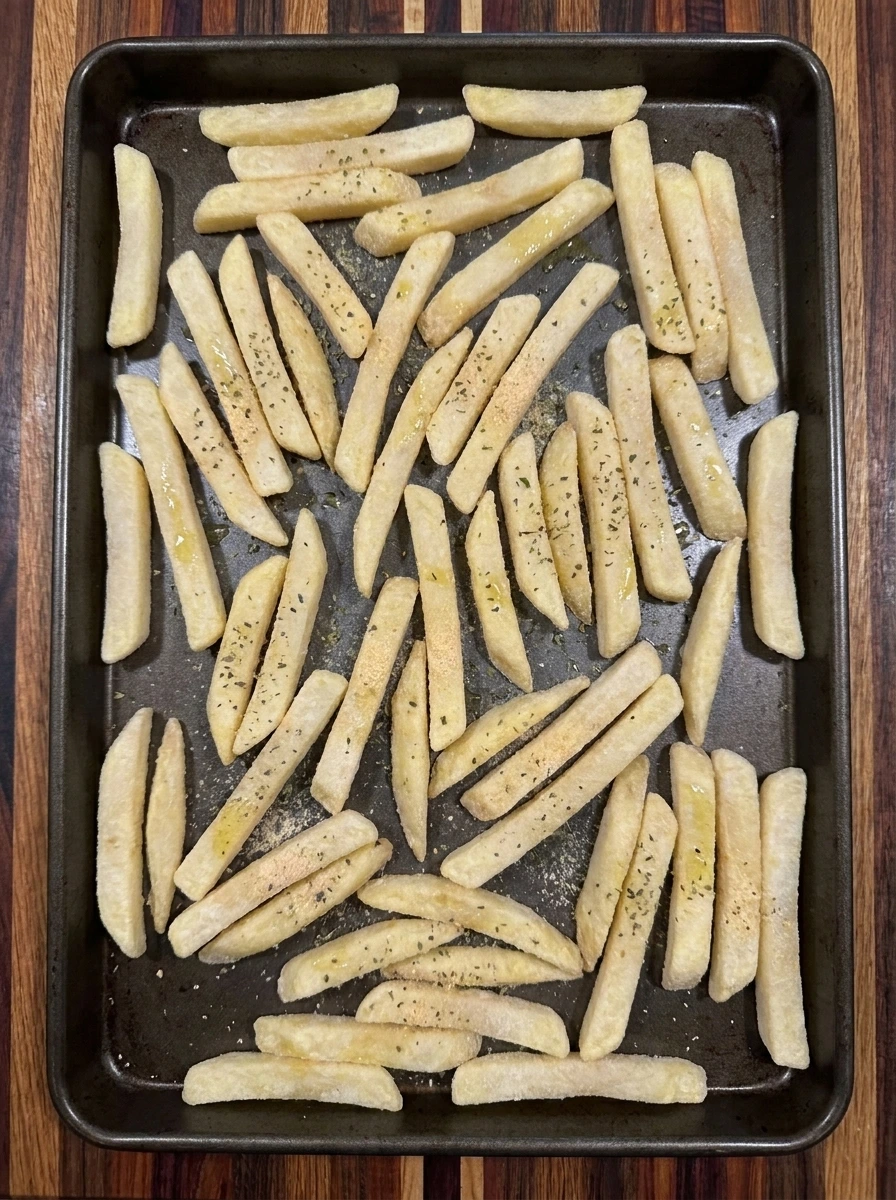 Frozen french fries coated with olive oil and Italian seasoning before baking