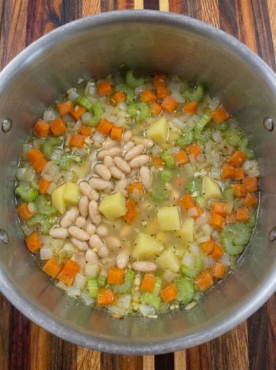 Cannellini beans stirred into tender potatoes and vegetables in a simmering soup
