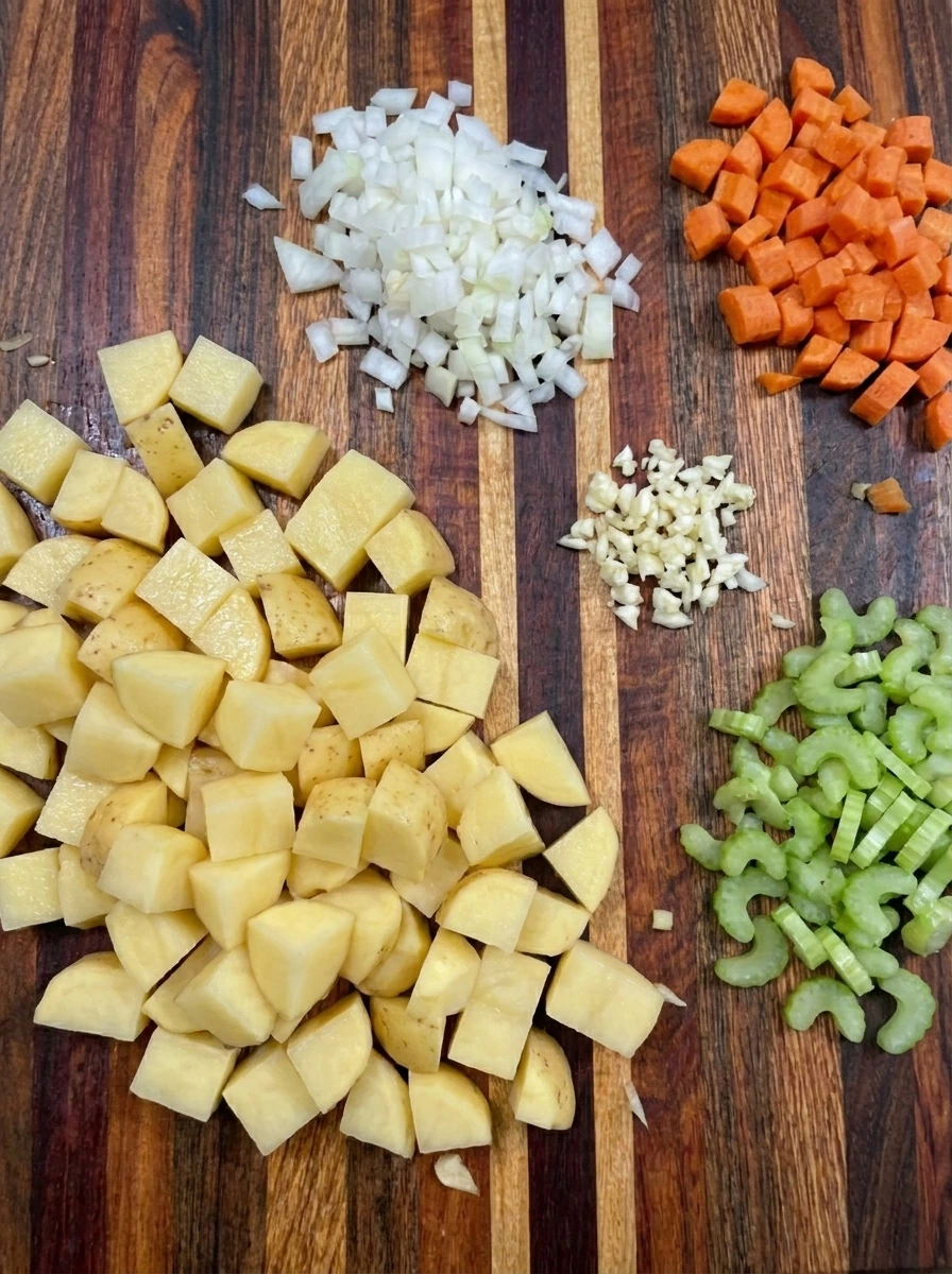 Freshly chopped potatoes and onions and carrots and celery for Potato and Bean Soup