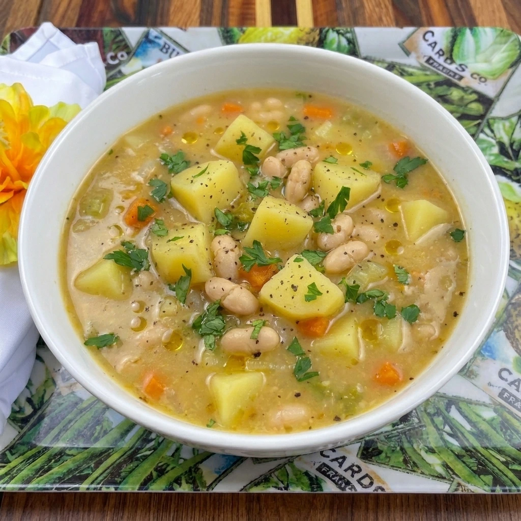 Creamy homemade Potato and Bean Soup with tender potatoes and white beans topped with parsley