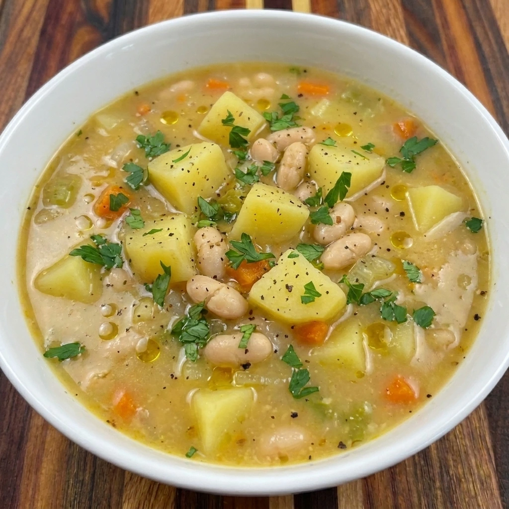 Finished bowl of creamy Potato and Bean Soup garnished with fresh chopped parsley