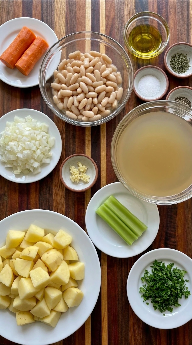 Ingredients for Potato and Bean Soup including potatoes and cannellini beans and vegetables and broth