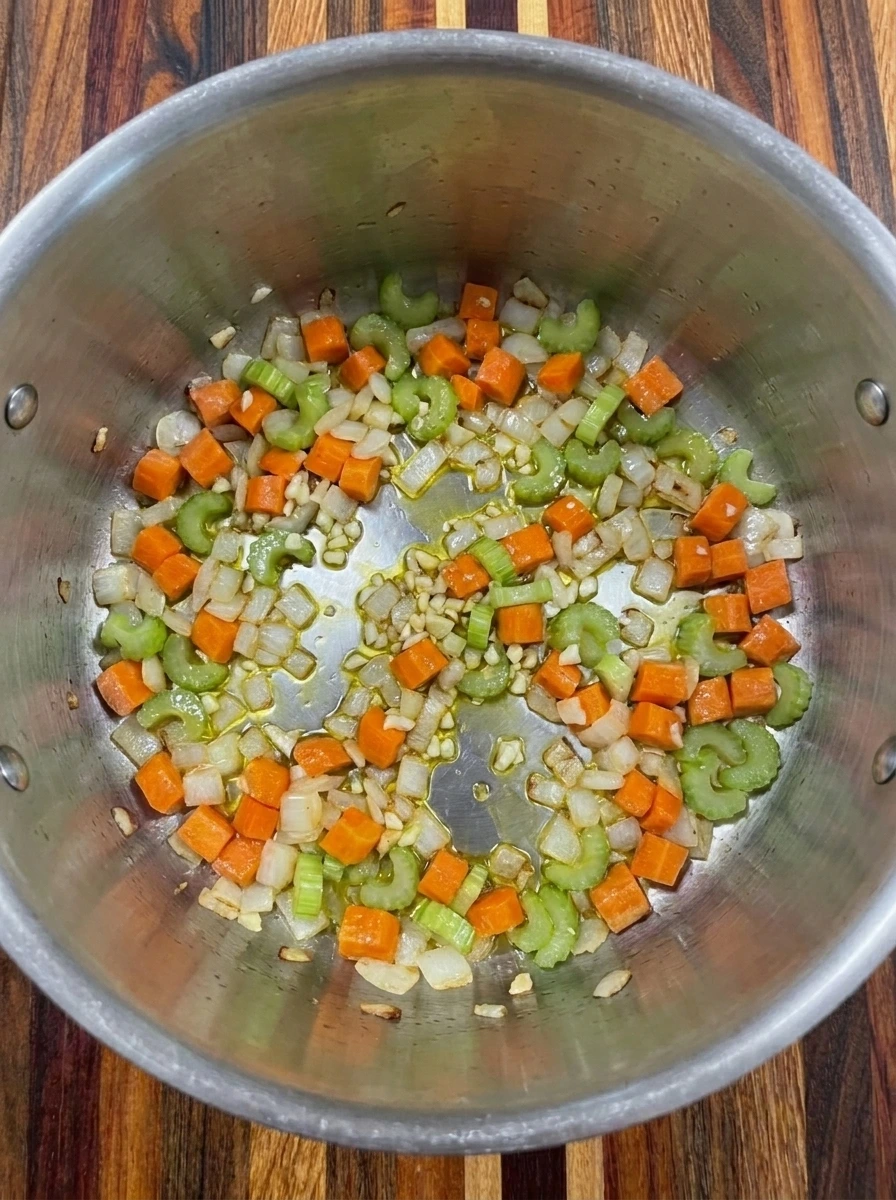 Onions and carrots and celery sautéing with garlic for homemade Potato and Bean Soup
