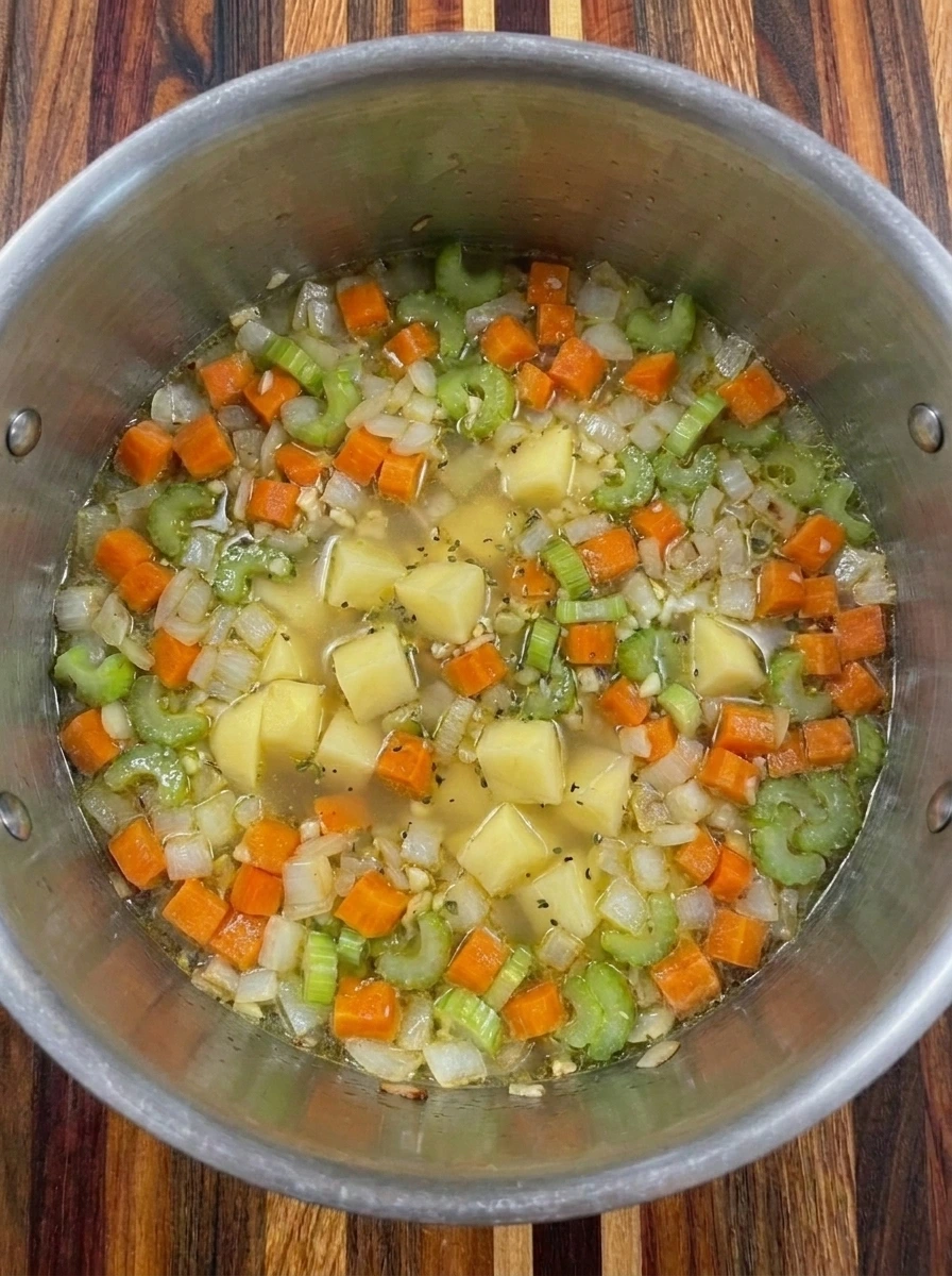 Diced potatoes simmering with vegetables and herbs in broth for Potato and Bean Soup