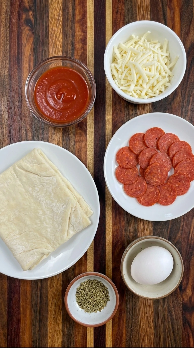 Ingredients for Puff Pastry Pizza Bites including pastry and pizza sauce and mozzarella and pepperoni