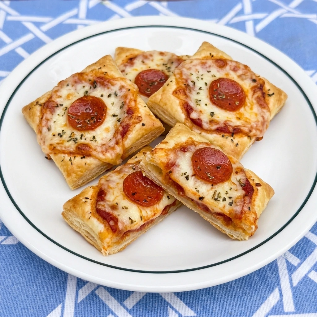 Four Puff Pastry Pizza Bites on a plate with one cut open to show melted cheese