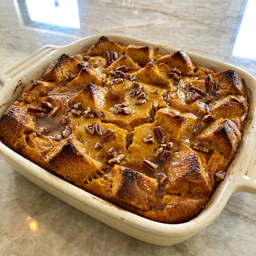 Homemade Pumpkin Bread Pudding with golden brioche cubes and toasted pecans and maple syrup in a ceramic baking dish