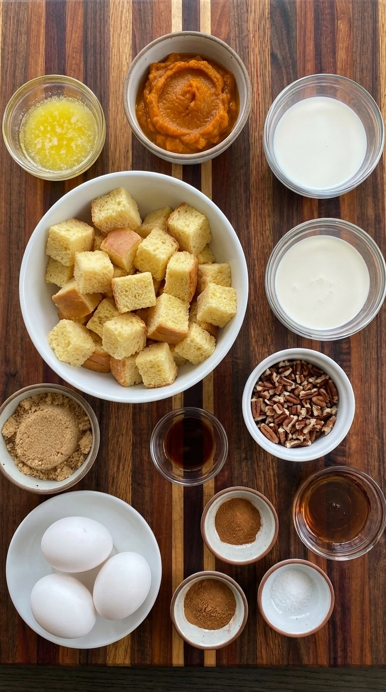 Pumpkin Bread Pudding ingredients including brioche bread and pumpkin puree and eggs and milk and cream and warm spices