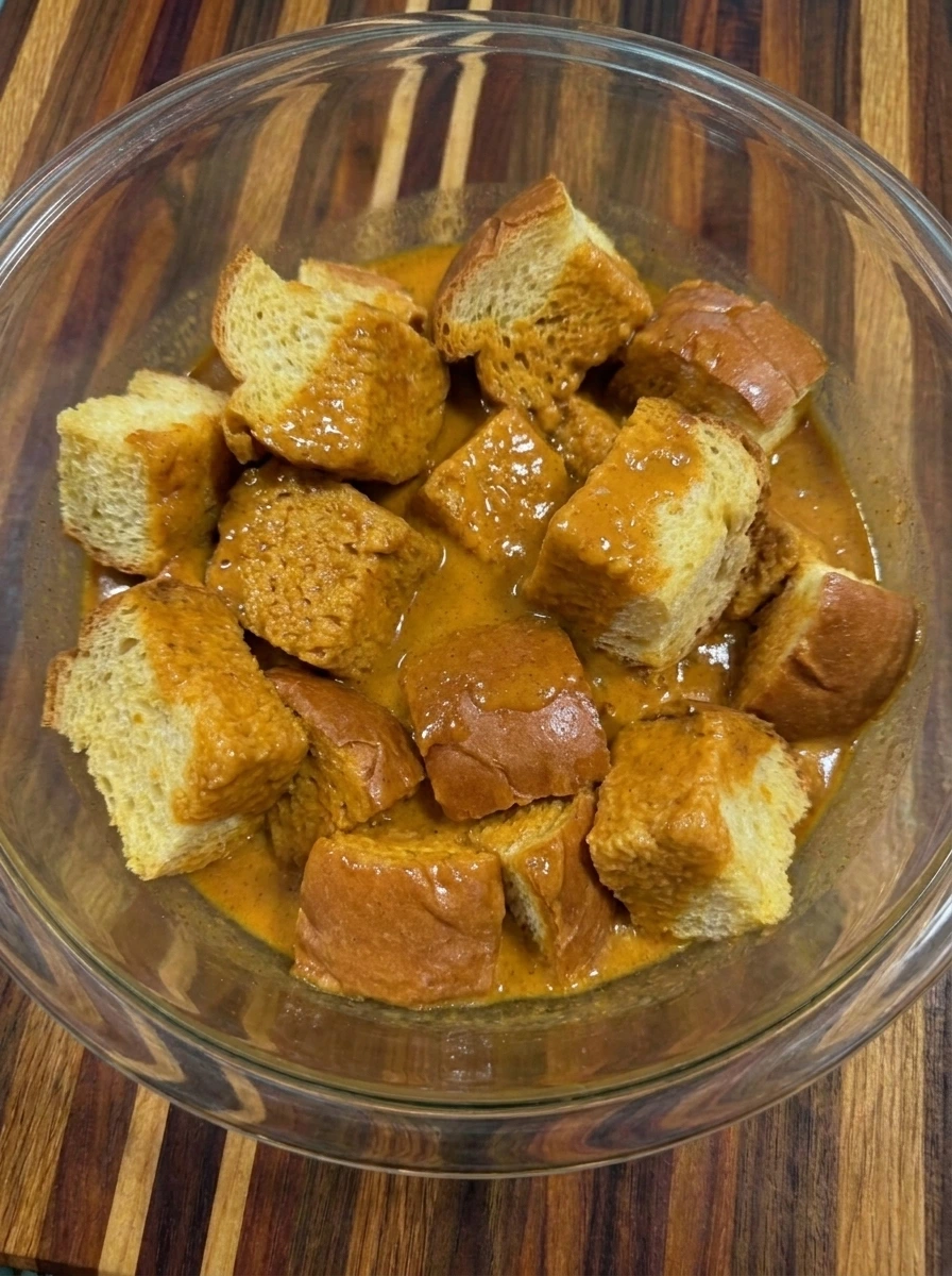 Brioche bread cubes soaking in pumpkin custard before baking