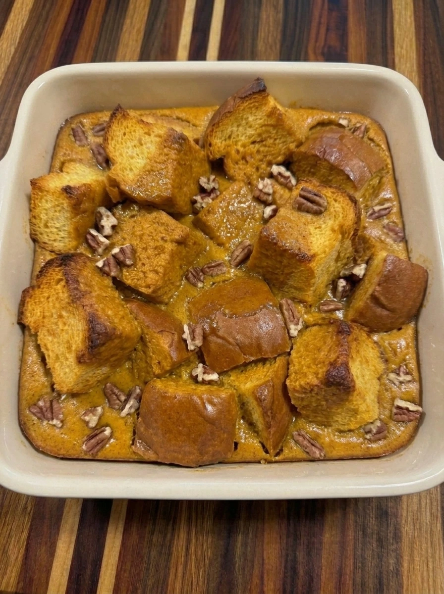 Golden baked Pumpkin Bread Pudding with toasted pecans and soft pumpkin custard