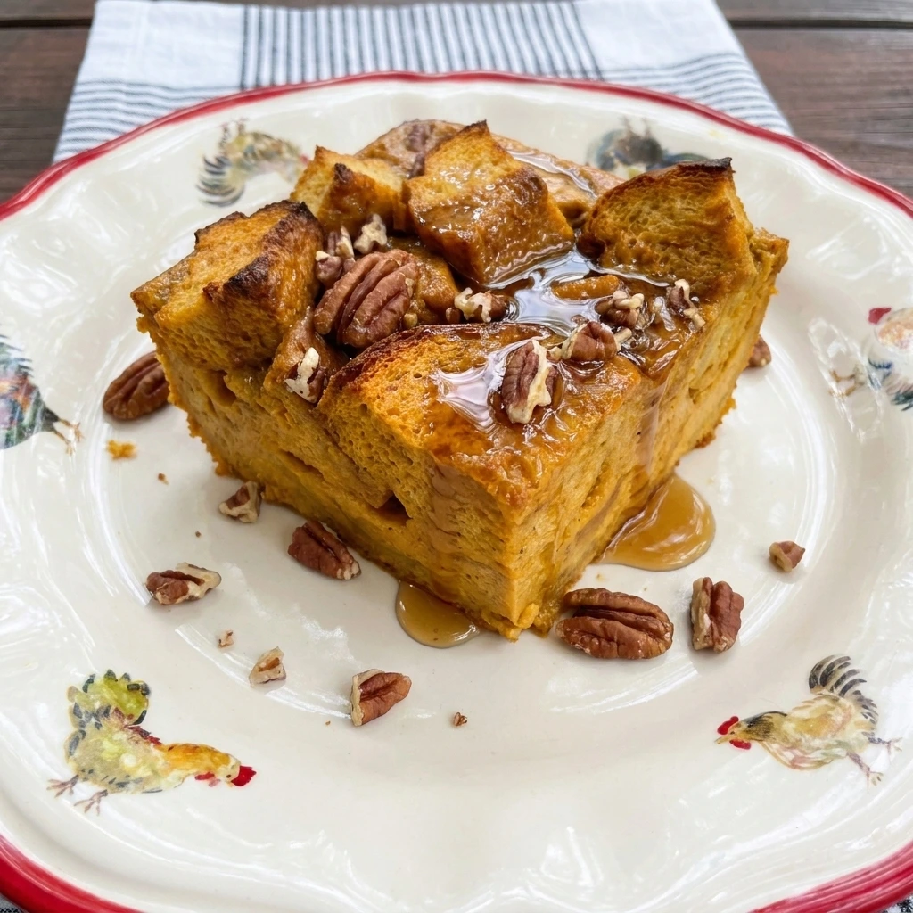 Single serving of warm Pumpkin Bread Pudding with a soft custard center and golden top and maple syrup