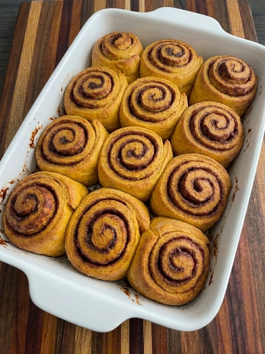 Freshly baked golden brown pumpkin cinnamon rolls with caramelized cinnamon sugar swirls