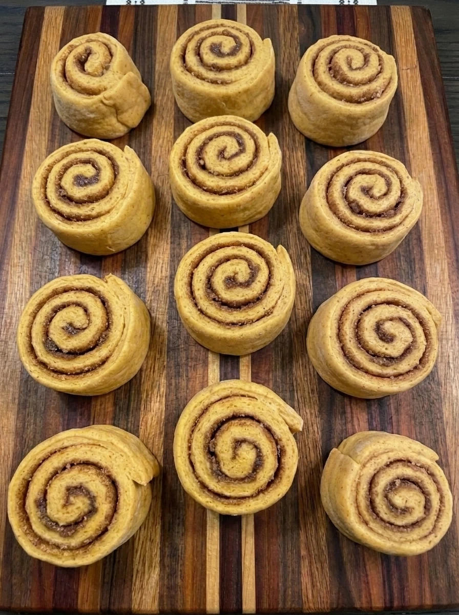Twelve freshly cut pumpkin cinnamon rolls showing cinnamon sugar spirals before baking