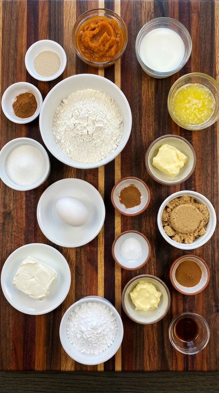 Measured ingredients for Pumpkin Cinnamon Rolls including pumpkin puree and flour and cinnamon and cream cheese