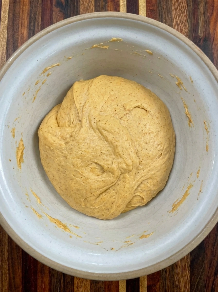 Soft orange pumpkin cinnamon roll dough freshly kneaded in a mixing bowl
