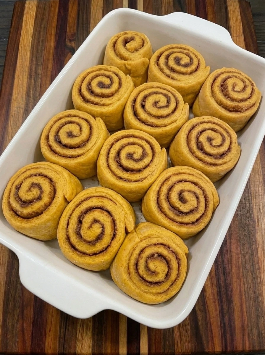 Twelve puffed pumpkin cinnamon rolls after their second rise in a ceramic baking dish