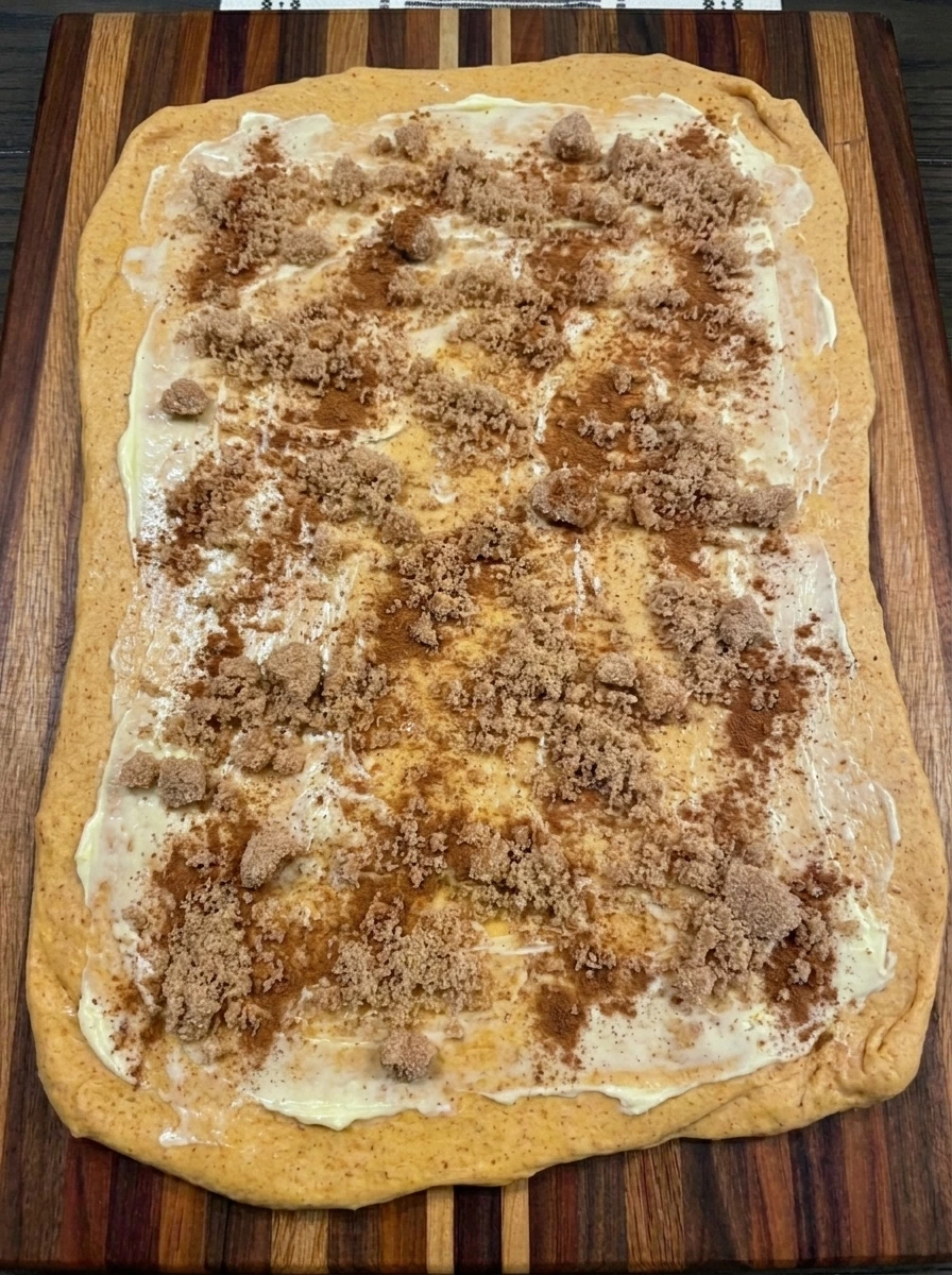 Rolled pumpkin dough covered with butter and brown sugar cinnamon filling