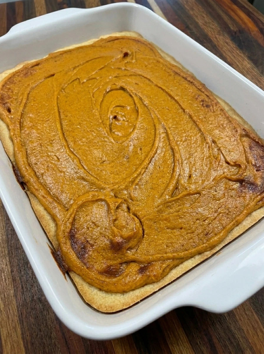Freshly baked Pumpkin Gooey Butter Cake with golden edges and a soft pumpkin center
