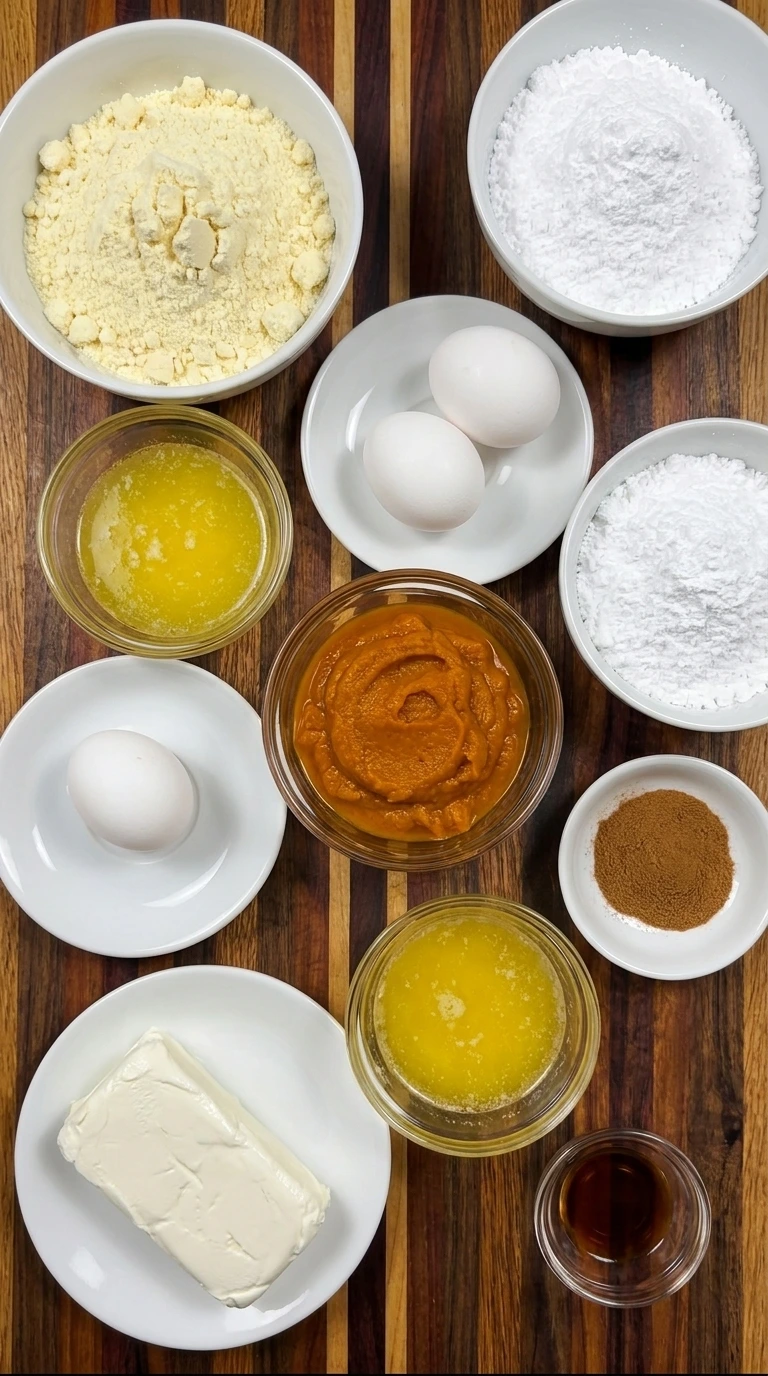 Ingredients for Pumpkin Gooey Butter Cake including pumpkin puree and cake mix and cream cheese and butter