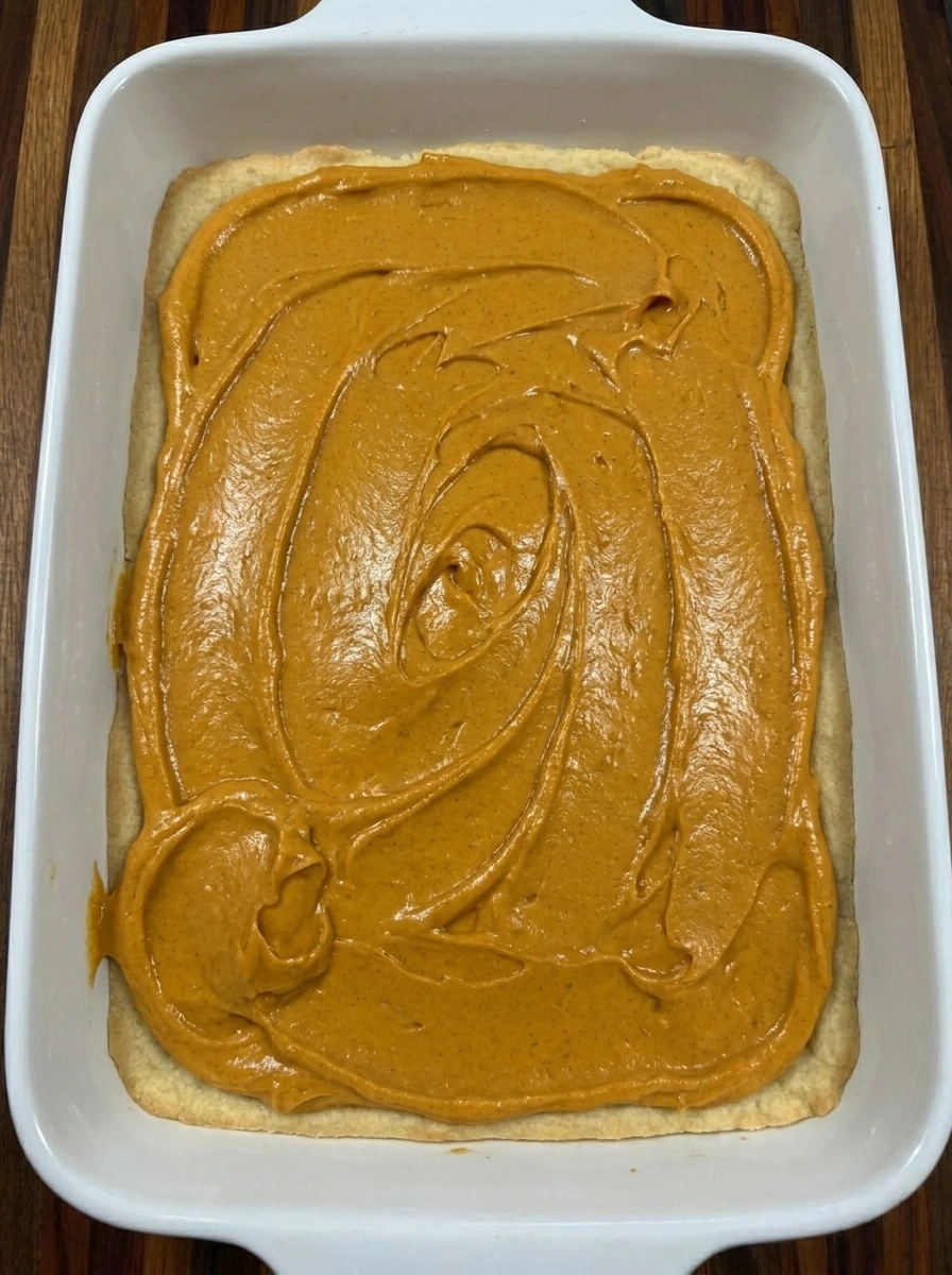 Orange pumpkin filling spread over buttery cake crust before baking Pumpkin Gooey Butter Cake
