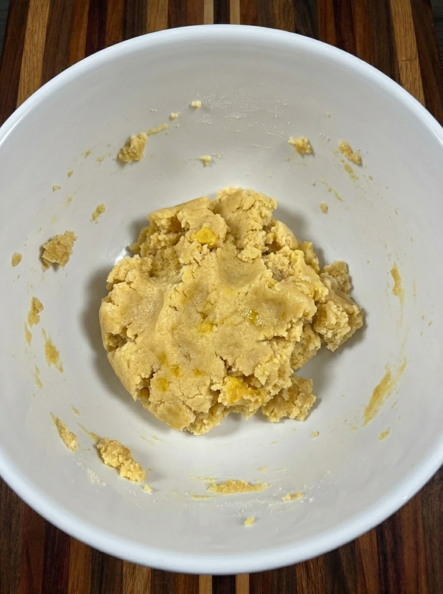 Thick yellow cake dough mixed with butter and egg for Pumpkin Gooey Butter Cake crust