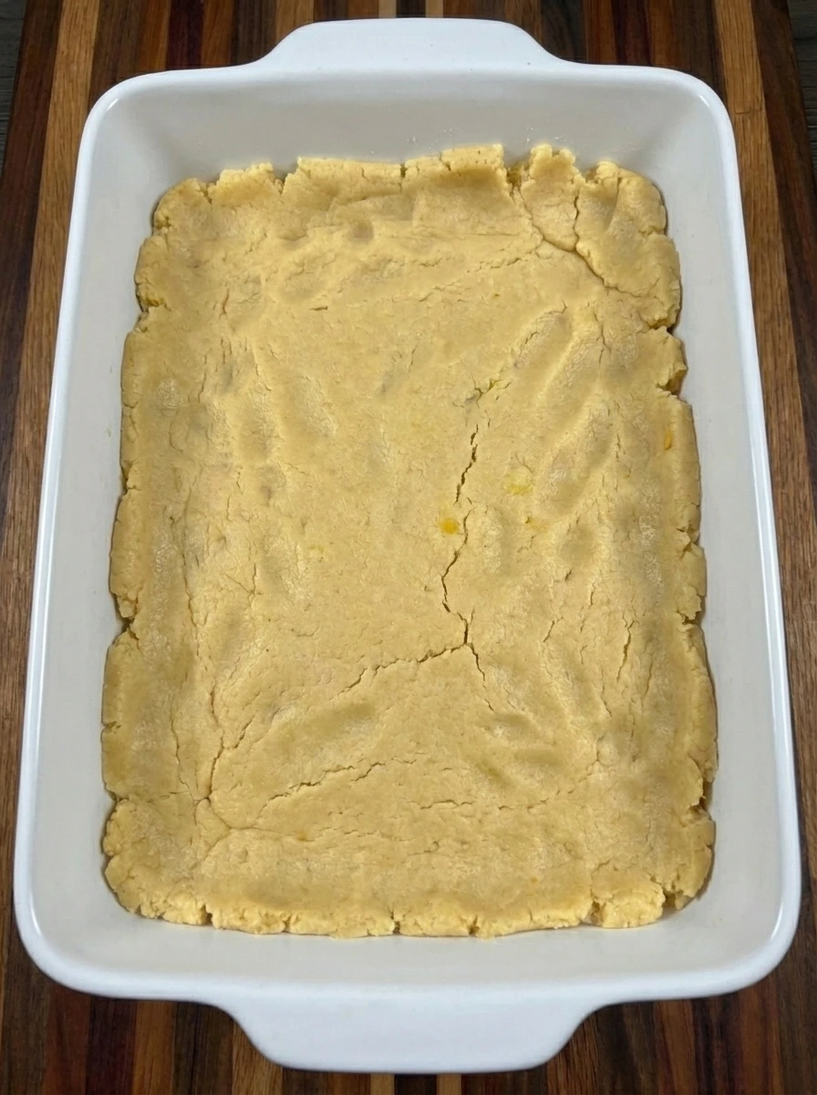 Buttery cake dough pressed into a rectangular baking dish for Pumpkin Gooey Butter Cake