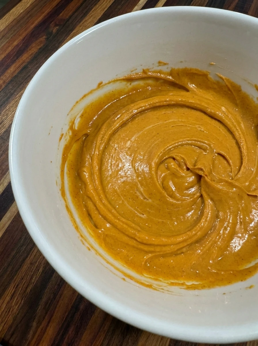 Thick orange pumpkin cream cheese filling mixed for Pumpkin Gooey Butter Cake