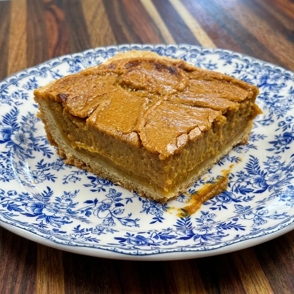 Single slice of Pumpkin Gooey Butter Cake showing creamy pumpkin filling and buttery golden crust