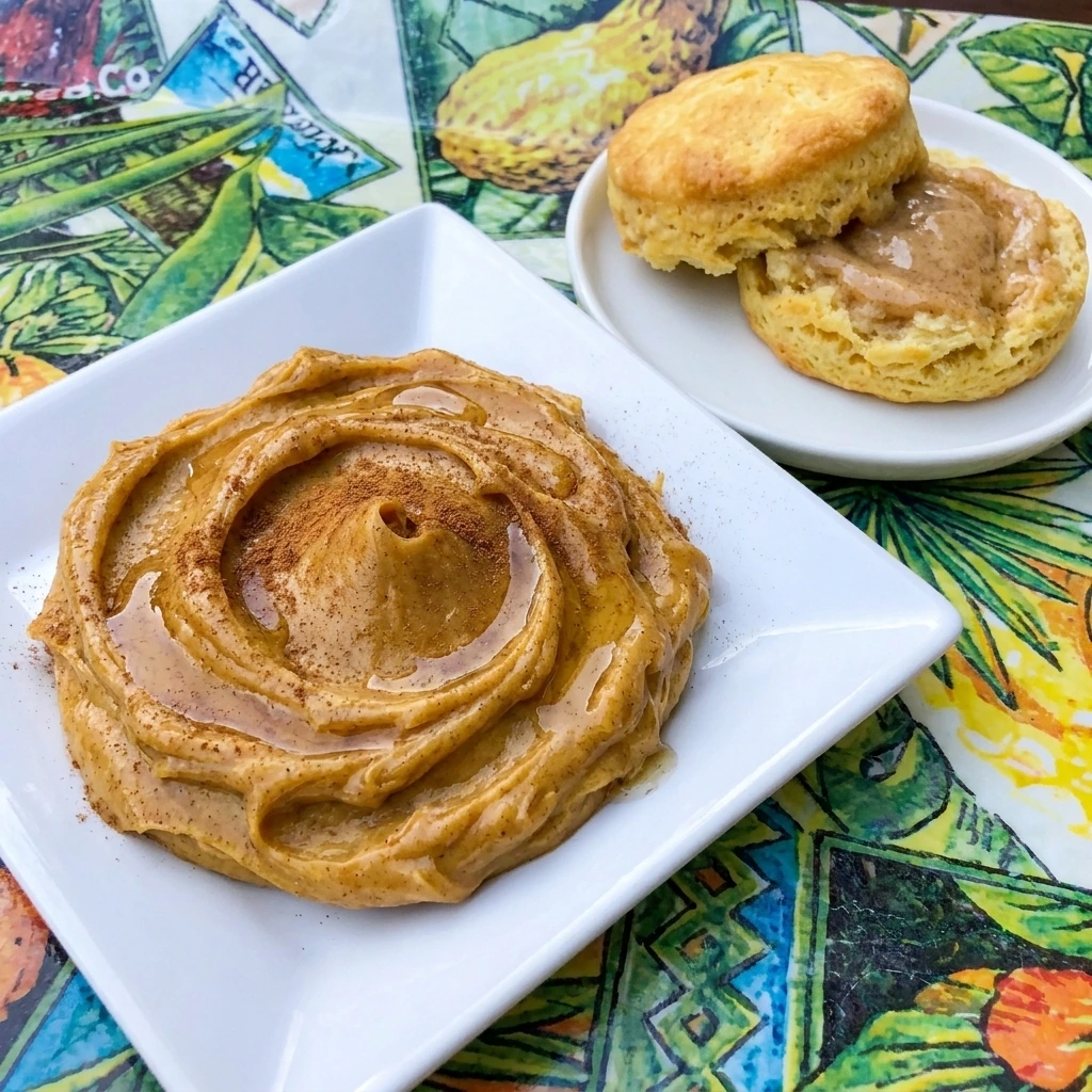 Creamy homemade Pumpkin Spice Honey Butter with golden honey and warm cinnamon swirls in a ceramic serving dish.