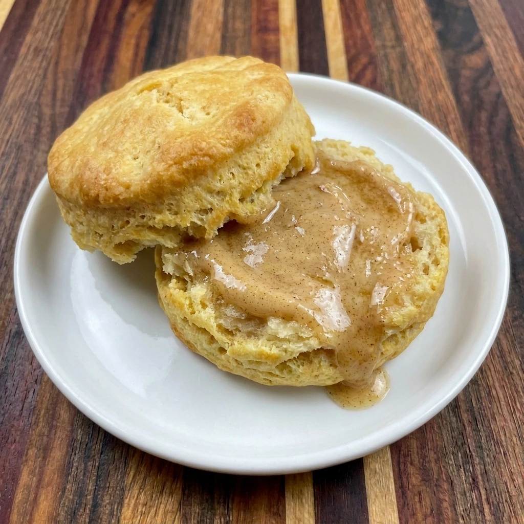 Single warm biscuit topped with creamy Pumpkin Spice Honey Butter melting into the fluffy interior.