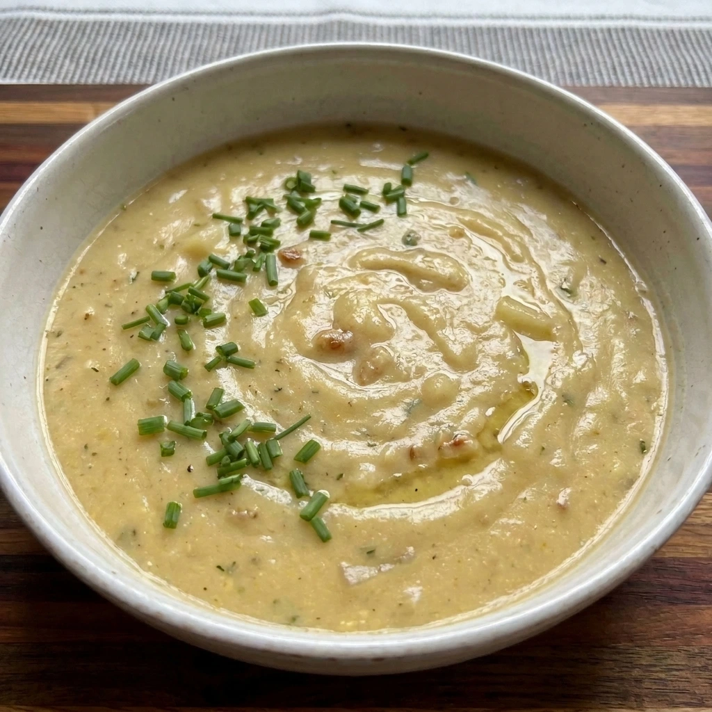Creamy Roasted Garlic Potato Soup in a ceramic bowl topped with fresh green chives