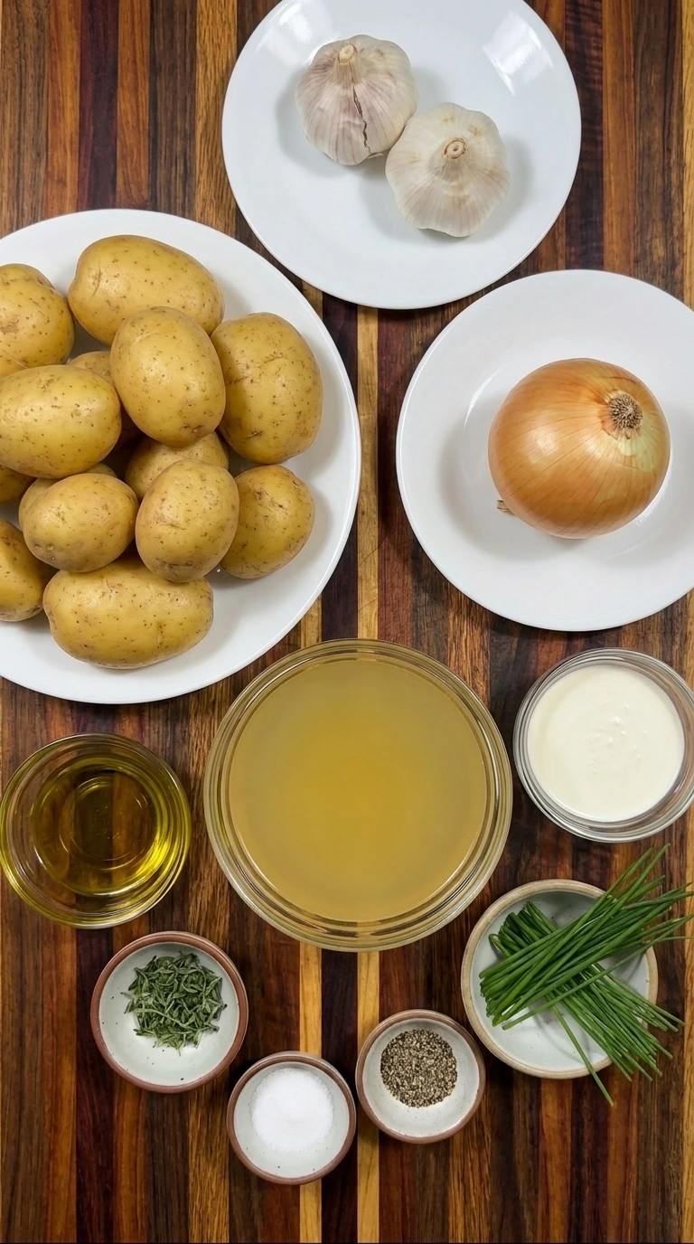 Raw ingredients for Roasted Garlic Potato Soup arranged in separate small bowls and plates