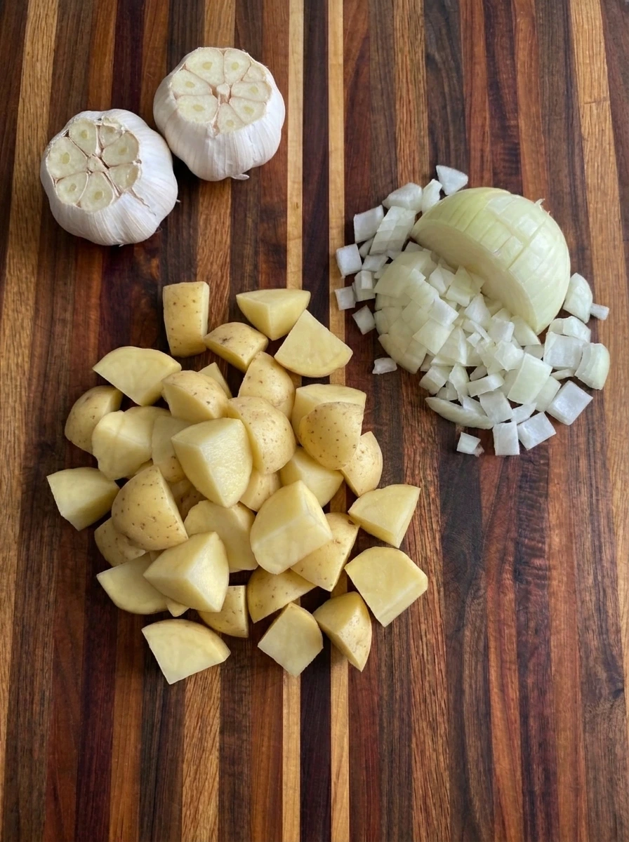 Trimmed garlic heads with freshly chopped potatoes and diced onion