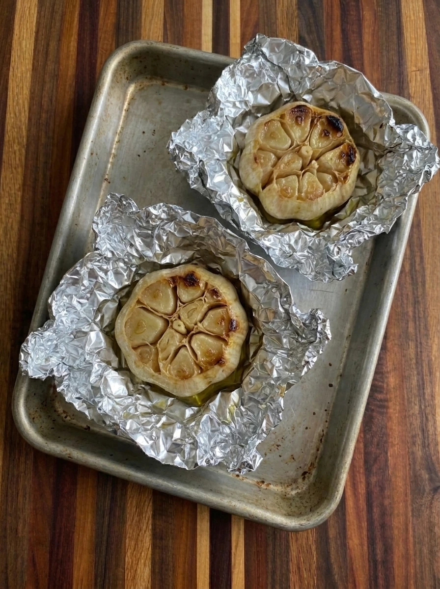 Two roasted garlic heads with soft golden cloves and lightly browned edges